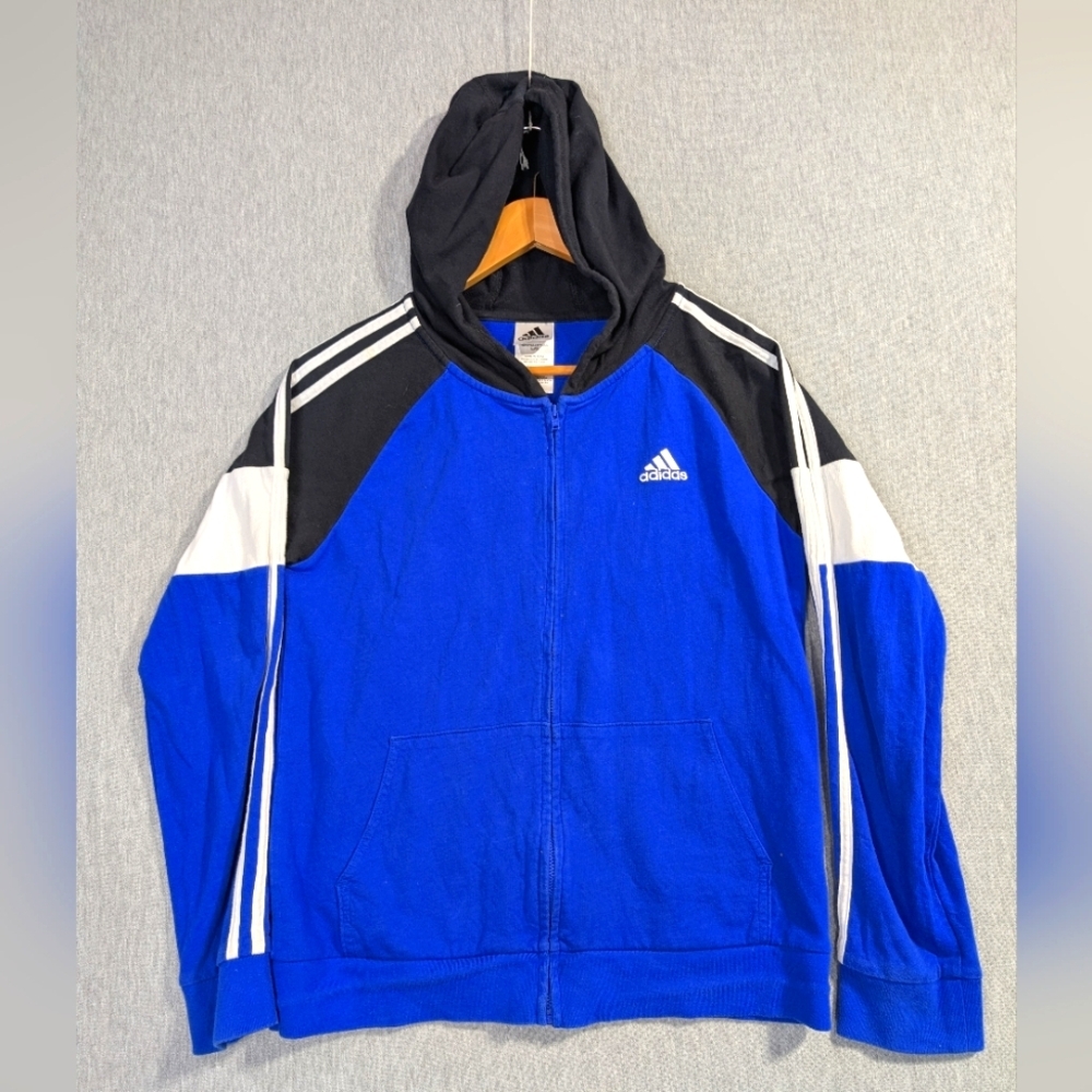 Adidas Full Zip Hoodie Women's Large Blue Black 3 Stripe White Classic